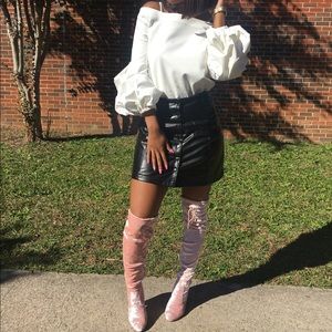 Pink velvet knee high boots